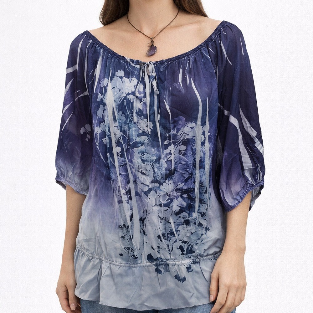 Plus 24/26W Purple Blue Floral Off-Shoulder Ruffle Hem Peasant Blouse NWT